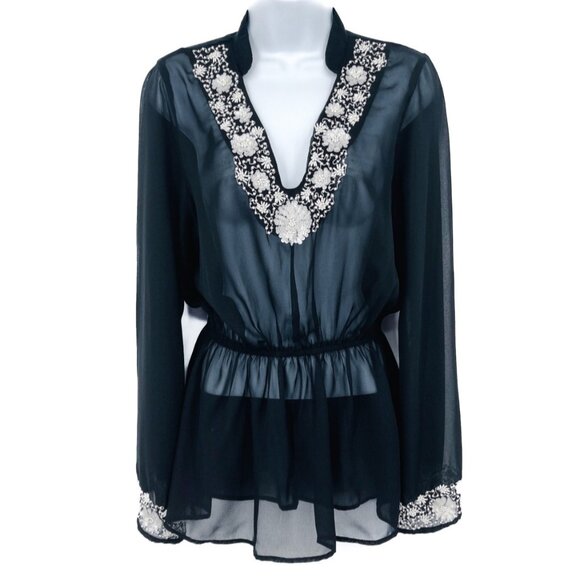 Sheer Floral Beaded Sequin Embellished Tunic Blouse Top Swim Cover Up Small - Picture 1 of 8
